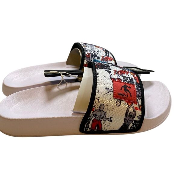 NWOB AND 1 - White Basketball Print Slip On Athletic Slides  - Men 9 Women 11 - Picture 2 of 6